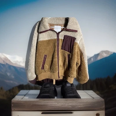 Женское пальто шерпа на молнии American Eagle средний размер коричневое и белое - Изображение 1 из 4