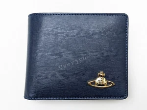 Vivienne Westwood Wallet - BNWT Gold Orb Navy Leather Billfold Wallet RRP: £160 - Picture 1 of 11