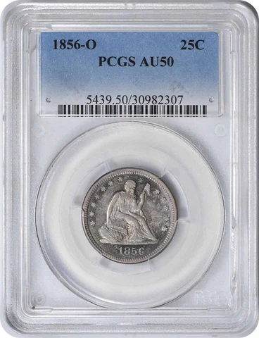 1856-O Liberty Seated Silver Quarter AU50 PCGS Cover