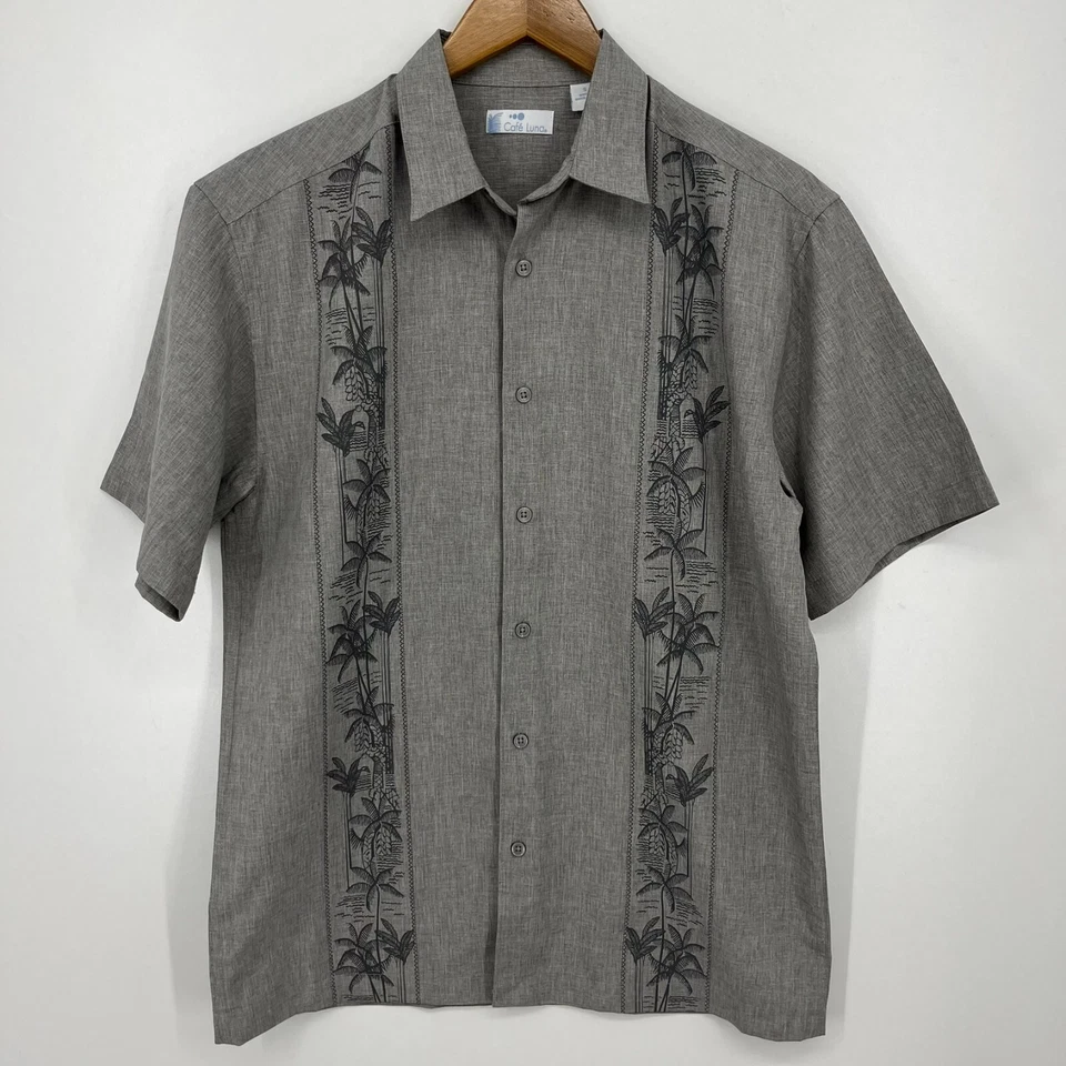 Cafe Luna Short Sleeve Button Shirt Men's S Gray Tropical Palm Tree Hawaiian Pri - Image 1 of 4