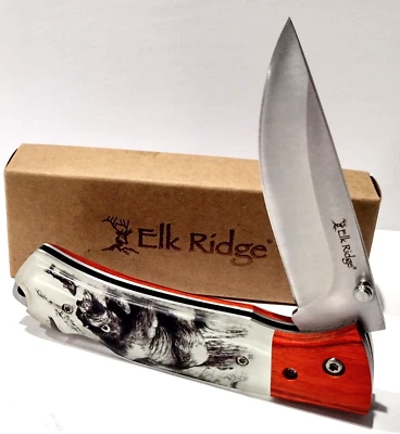 Navaja de bolsillo Elk Ridge 4,5" Grizzle Bear mango de madera marrón punto de caída bloqueo Foto 1 de 4