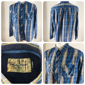 Realtree Mens Size XL Black Pearl Snap Long Sleeve Western Plaid Blue Gray Shirt - Picture 1 of 9