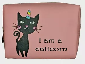 Chateau Intl Pink Caticorn Cosmetic Pencil Case Zipper Travel Bag Black Cat - Picture 1 of 6