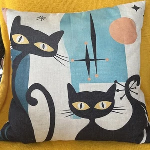 Funda de Almohada Arte Atómico Gato Negro Moderna Mediados de Siglo Cuadrada 17" X 17" - Imagen 1 de 5