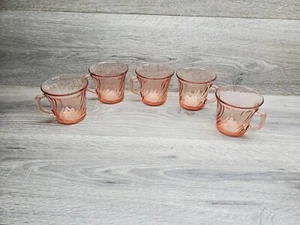 5 Vtg Arcoroc France Pink Rosaline Glass Swirl Handled Cups Mugs Depression  - Picture 1 of 5