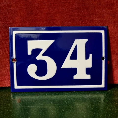 Vintage French enamel house sign white raised number 34 for wall , door , portal Cover