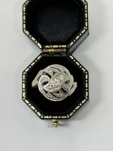 Art Deco Real Diamond 14K White Gold Cocktail Ring Size 5 - Picture 1 of 11