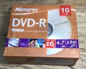 10 Memorex Blank DVD-R 16x 4.7GB 120 mins DVD discs Retail Cakebox - Picture 1 of 4