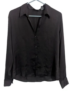 y2k NEW YORK & CO Black Satin Long Sleeve Button V-Neck Top Size Medium U1 - Picture 1 of 5
