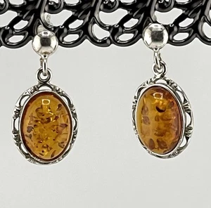 Vintage Baltic Amber Solid 925 Sterling Silver Dangle Earrings! 1” drop - Picture 1 of 6