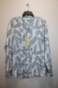 CARIBBEAN MENS CASUAL BUTTON-UP LINEN & COTTON STRIPED BOTANICAL BLUE SIZE XL - Picture 1 of 4