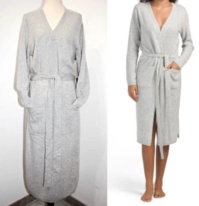 TAHARI Luxurious 100% 2-Ply Cashmere Belted 45"Long Cardigan Robe Grey  sz S-M-L - Picture 1 of 15