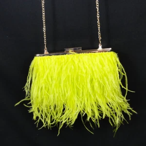 Olga Berg Estelle Feather Clutch Gold Structured Frame Lime Green Ostrich Bag - Picture 1 of 11