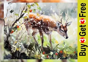 Deer in Meadow 5"x7" Print on Matte Paper | Peaceful Wildlife Nature Artwork - Picture 1 of 17