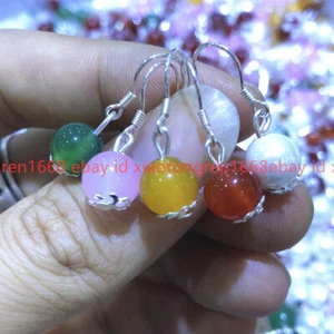 5 Pairs 10mm Colorful Jade Agate Shell Pearl Beads Silver Hook Dangle Earrings - Picture 1 of 12