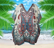 Womens Short Summer Kaftan, Hippy Gpsy  White Orange Caftan dress, Beach L-2XL