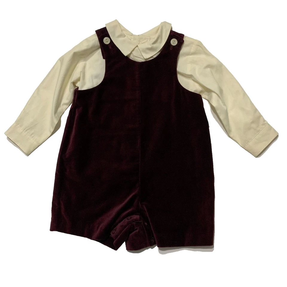 NEW Vtg Baby Laura Ashley Boy Shorts Romper Shirt 2 Pc Red Christmas Outfit 18 - Image 1 of 4