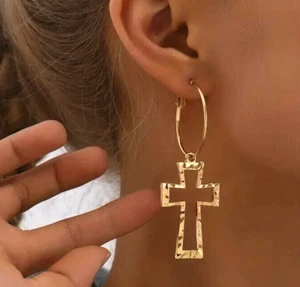 Fashion Cross Hollow Out Dangle Earrings Minimalist Women Alloy 18K Gold Plated - Picture 1 of 4