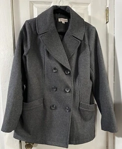 Merona Gray Wool Blend Double Breasted Peacoat Jacket Coat Womens Size L - Picture 1 of 7
