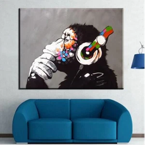 Thinking Monkey Print DJ Banksy Canvas Painting ~ Wall Art Poster Picture Decor - Picture 1 of 5