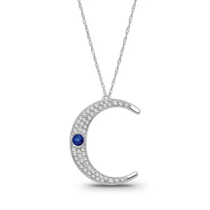 925 Sterling Silver 1/4 CTW Diamond & Blue Sapphire Moon Pendant Rope Chain 18" - Picture 1 of 7