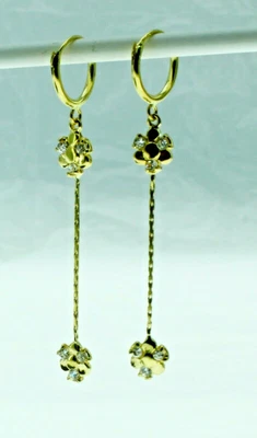 New Solid Real 14 K Yellow Gold 2 Inches Long Flowers Drop Dangle Hoop Earrings  - Image 1 of 4