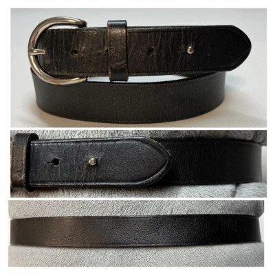 Lands' End Black Leather Belt Interesting Silver Buckle Catch Sz M 32/34 Artsy - Image 1 of 4