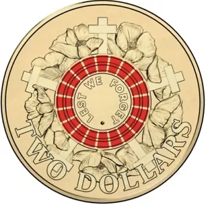 Moneda de dos dólares Australia Lest We Forget 2015 Red War Graves ANZAC Cove CIRC - Imagen 1 de 3