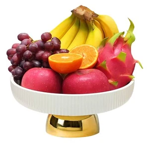 Ceramic Fruit Bowl11inch Large Decorative Bowlswhite Pedestal Tray And Gold Base - Picture 1 of 8
