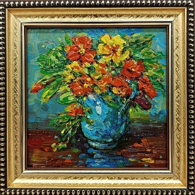 Pintura al óleo original ramo floral 4x4 firmado enmarcado obra de arte decoración del hogar Foto 1 de 4