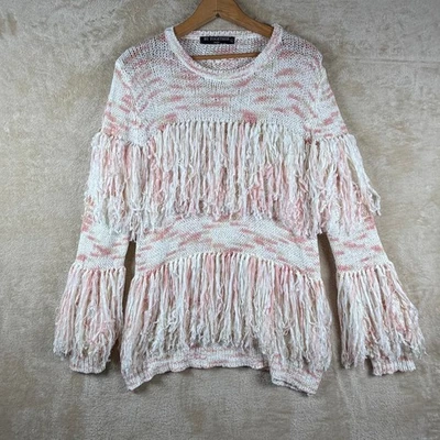 Suéter tejido con flecos rosa y blanco de By Together para mujer declaración boho chic L Foto 1 de 4