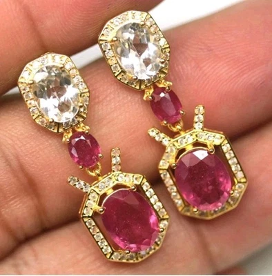 925Sterling Silber Ohrhänger, Edelsteine RUBINTopas 750Karat gelbgold VERGOLDUNG - Bild 1 von 4