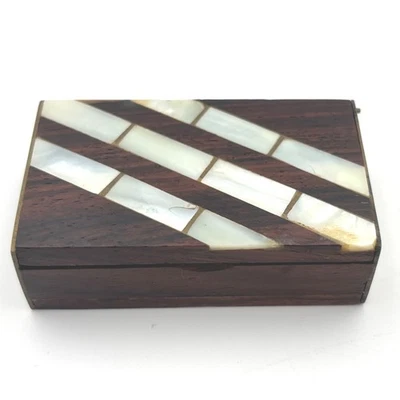 Vintage Wood Inlay Trinket Box Mother of Pearl Striped Decorative Small - Image 1 of 4