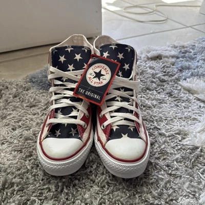 SCARPE ALTE VINTAGE CONVERSE BANDIERA AMERICANA M5.5 W7.5 SNEAKERS SUOLA ROSSA NUOVE CON ETICHETTE - Immagine 1 di 4