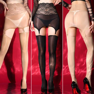 3 peças meias-calças femininas brilhantes brilhantes coxa alta com suspensórios cintos de liga - Imagem 1 de 4
