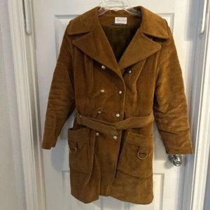 Vintage 1980s Brown Corduroy Swingles Woman's Overcoat Jacket Belted Lined - Picture 1 of 4