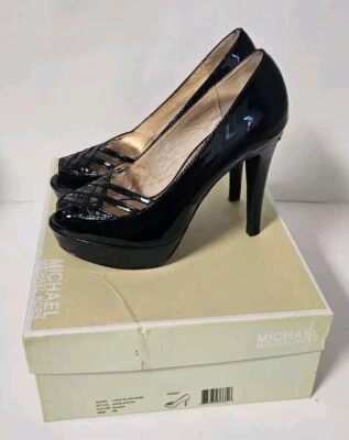 Michael Kors Lana 黑色漆皮厚底性感高跟鞋凉鞋 7M 码 — 第 1/4 张图片