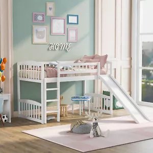 Twin Size Loft Bed Wooden Slatted with Slide and Ladder For Kids Teens White NEW - Picture 1 of 13