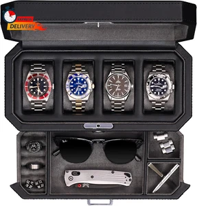 ROTHWELL 4 Slot Leather Watch Box with Valet Drawer - Luxury Case Display Jewelr - Picture 1 of 12