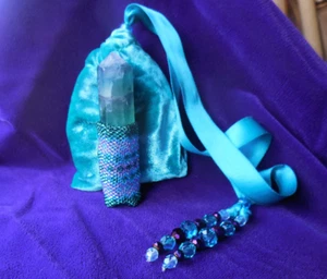 Beaded Fluorite Stone Point Wand in Teal Green Aqua Blue Purple Wiccan Magick - Picture 1 of 6
