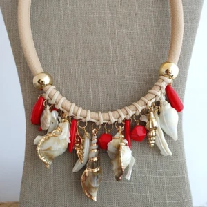 Statement Sea SHELL MOP Red Gold Tone Necklace Seashell Beach Ocean Cruise 19" + - Picture 1 of 6