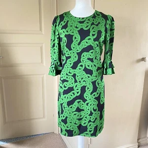 DIANE VON FURSTENBERG Ruffle Sleeve Dress Bold Link Chain Print Tailored M - Picture 1 of 9