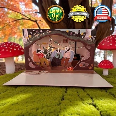 Badger Burrow Light-Up Pop-Up Shadowbox Greeting Card Any Occasion Woodland Boho - Image 1 of 4