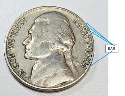 1960D 4 Bars Mint Error Jefferson Nickel Lightly Circulated 50% PRICE DROP - Image 1 of 4