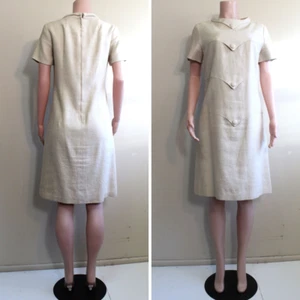 Moygashel Vintage 60s M Shift Dress Beige A Line Irish Linen Back Zip Funnel S/S - Picture 1 of 10