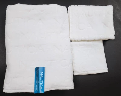 NEW NAUTICA 3 PC SET WHITE LOGO LAND 100% COTTON BATH,HAND TOWEL & WASHCLOTH - Image 1 of 4