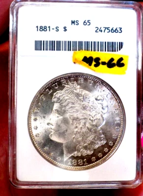 MORGAN SILVER DOLLAR 1881 S OLD ANACS MS 65+++ UNDER GRADE WOW COIN - Image 1 of 4