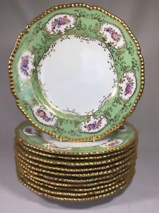 (11) Cauldon England 9.125 Inch Green & Gold DINNER PLATES Gilman Collamore NY - Picture 1 of 11
