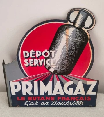 ANCIENNE PLAQUE ÉMAILLÉE PRIMAGAZ ENSEIGNE DOUBLE FACE STRASBOURG ÉMAILLERIE - Photo 1/4