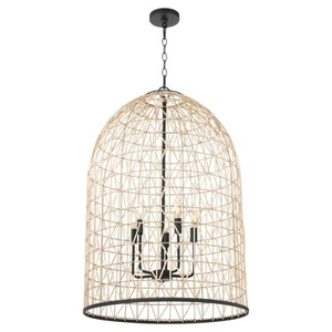Matte Black Five Light Pendant from the Rattan Collection - Picture 1 of 3